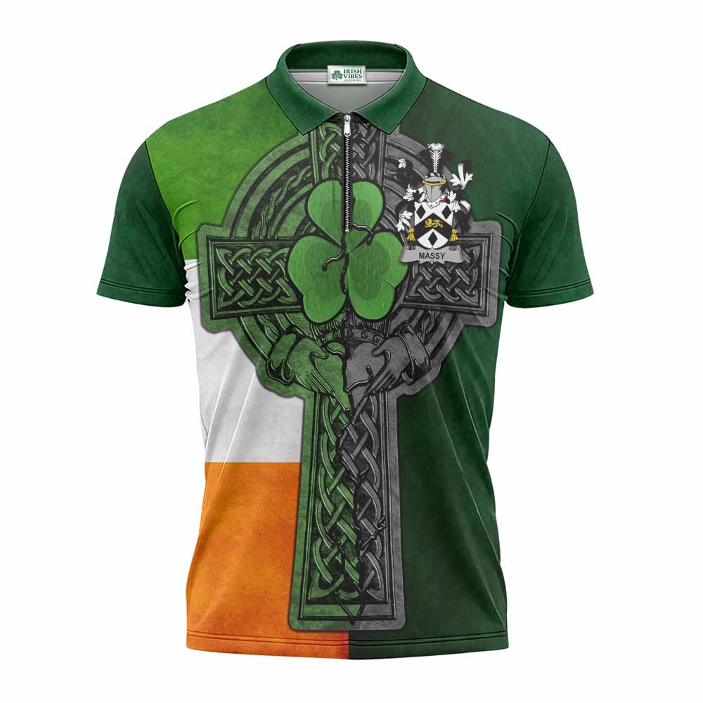 Massy Irish Coat of Arms Zipper Polo Shirt with Shamrock Celtic Cross