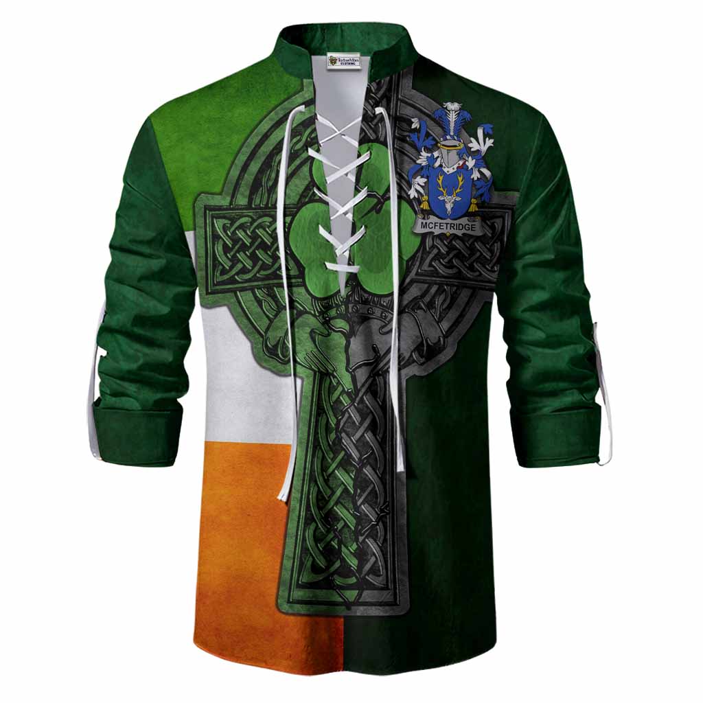 McFetridge Irish Coat of Arms Men's Ghillie Shirt with Shamrock Celtic Cross