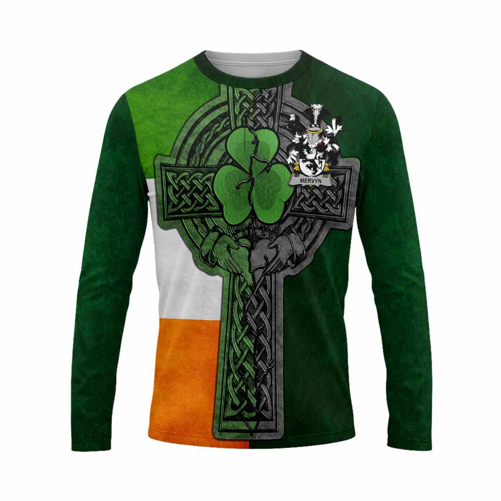 Mervyn Irish Coat of Arms Long Sleeve T-shirt with Shamrock Celtic Cross