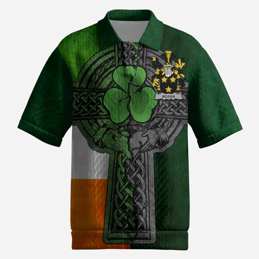Moran Irish Coat of Arms Men's Knit Polo Shirt with Shamrock Celtic Cross