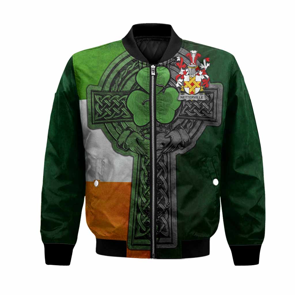 Netterville Irish Coat of Arms Bomber Jacket with Shamrock Celtic Cross
