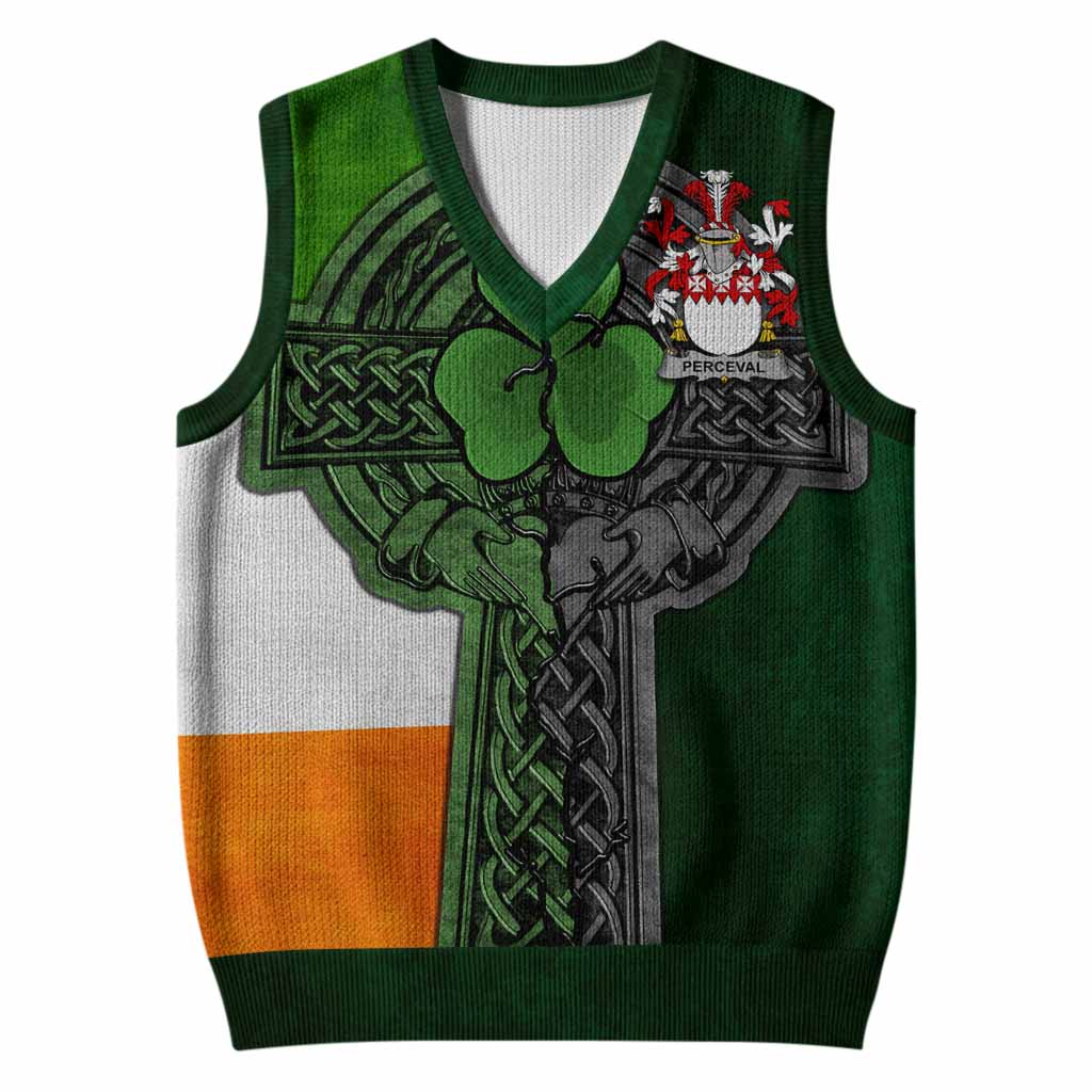 Perceval Irish Coat of Arms Sleeveless V-Neck Sweater with Shamrock Celtic Cross