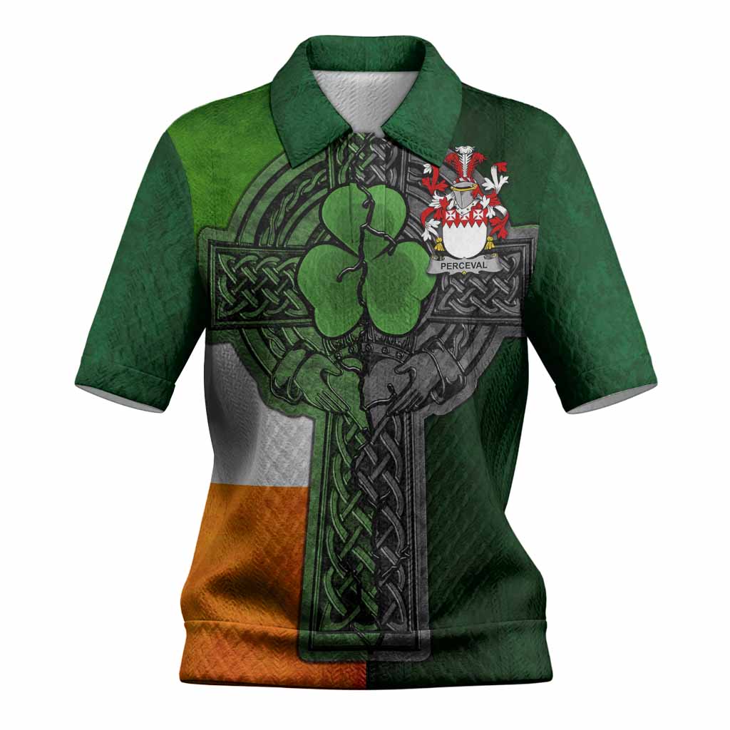 Perceval Irish Coat of Arms Women's Knit Polo Shirt with Shamrock Celtic Cross