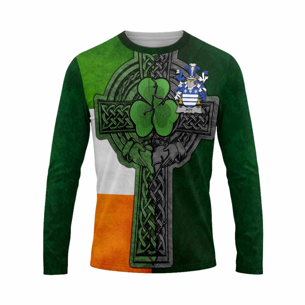 Pitt Irish Coat of Arms Long Sleeve T-shirt with Shamrock Celtic Cross