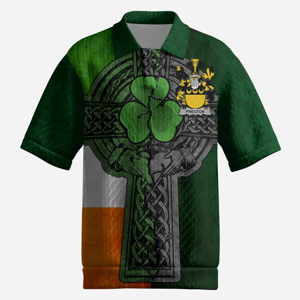 Preston Irish Coat of Arms Men's Knit Polo Shirt with Shamrock Celtic Cross