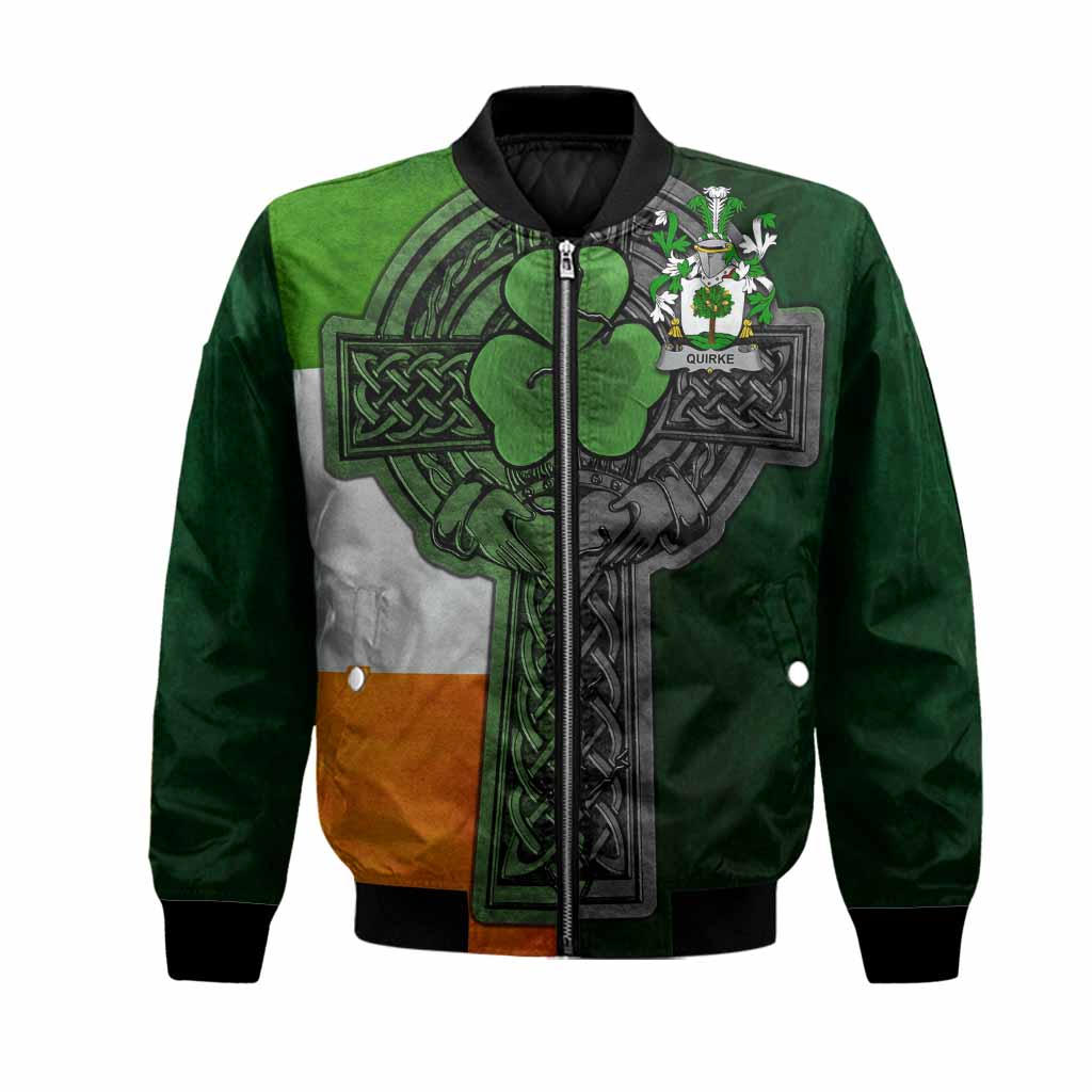 Quirke Irish Coat of Arms Bomber Jacket with Shamrock Celtic Cross