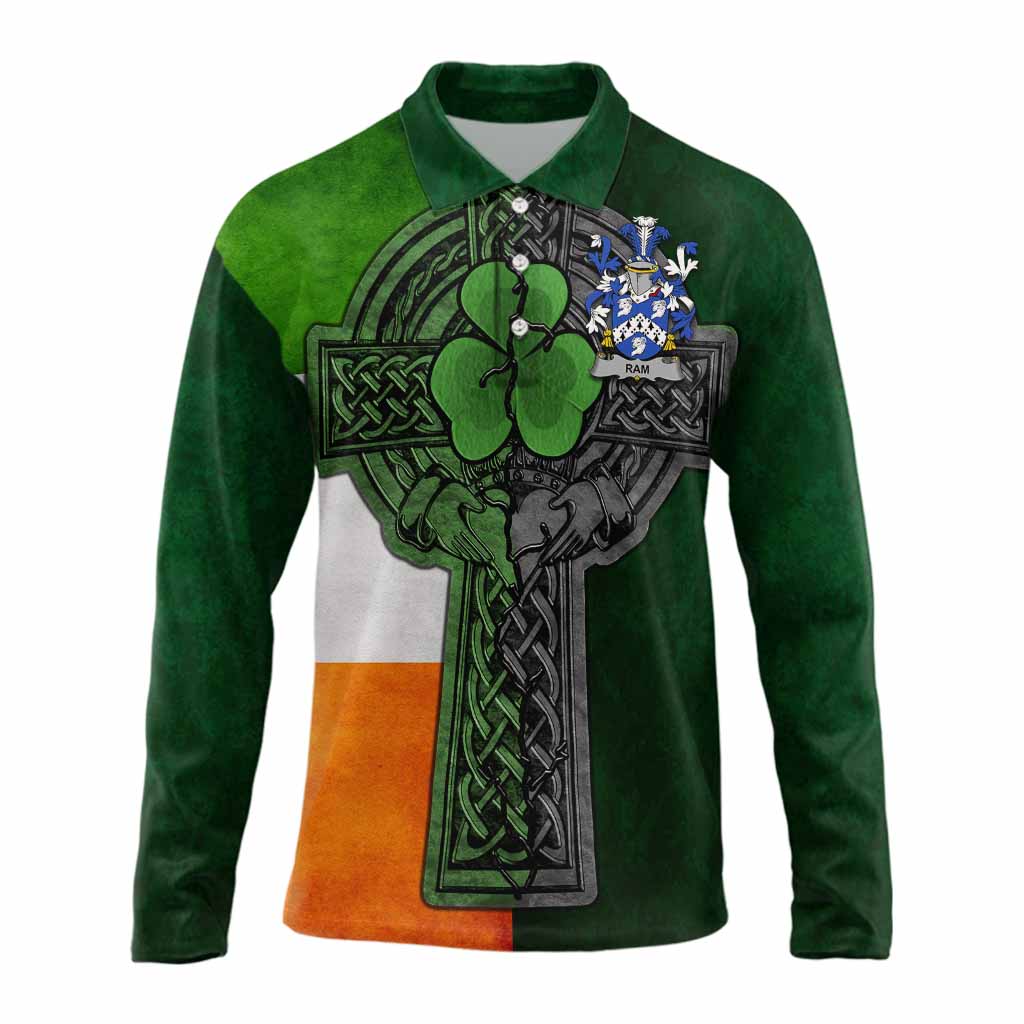 Ram Irish Coat of Arms Long Sleeve Polo Shirt with Shamrock Celtic Cross