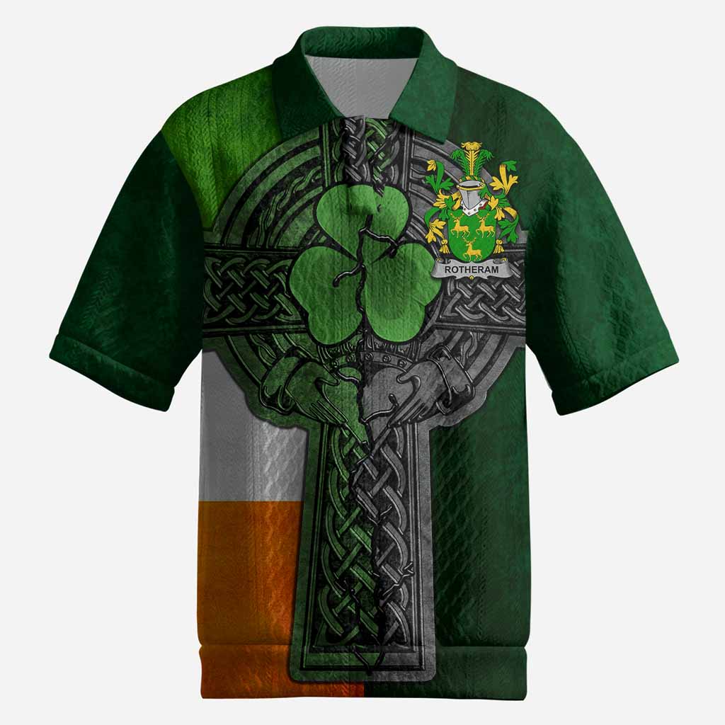 Rotheram Irish Coat of Arms Men's Knit Polo Shirt with Shamrock Celtic Cross