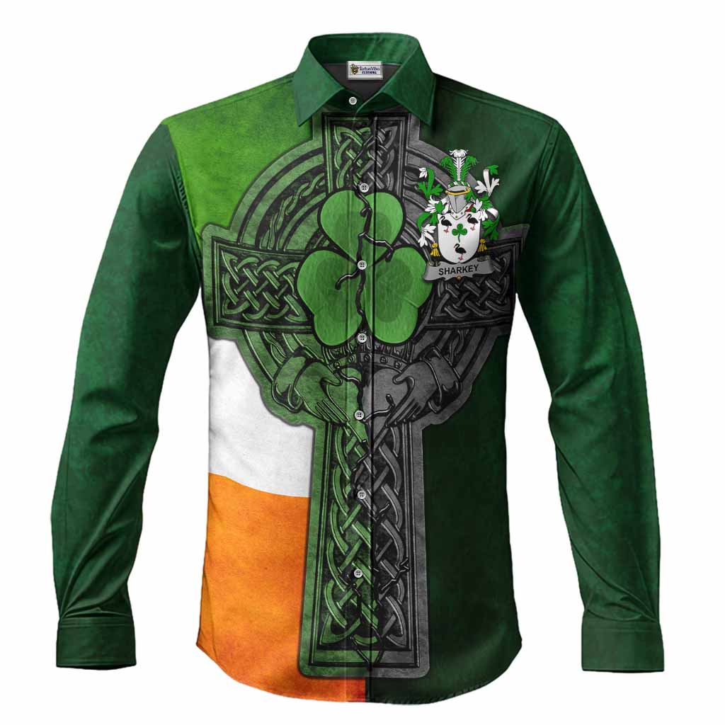 Sharkey Irish Coat of Arms Men’s Casual Long Sleeve Button-Up Shirt with Shamrock Celtic Cross