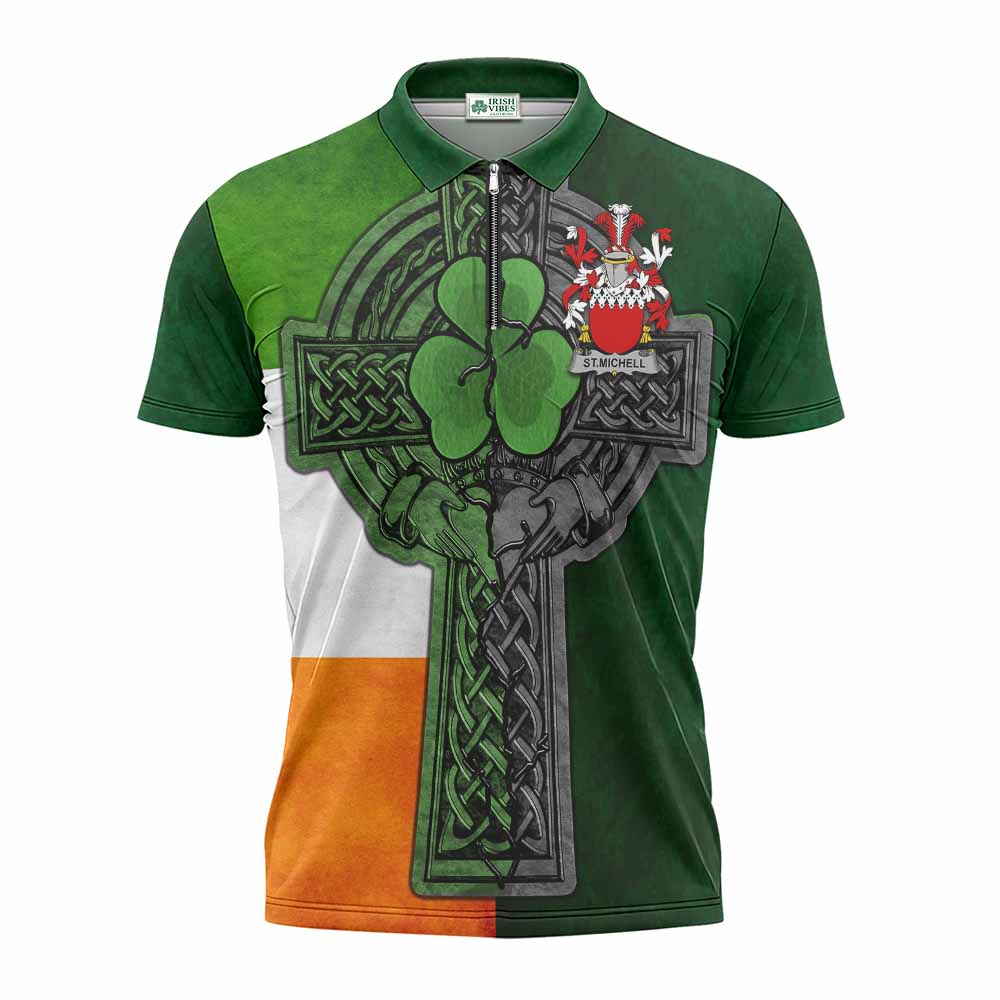 St.Michell Irish Coat of Arms Zipper Polo Shirt with Shamrock Celtic Cross