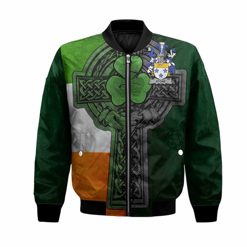 Stone Irish Coat of Arms Bomber Jacket with Shamrock Celtic Cross