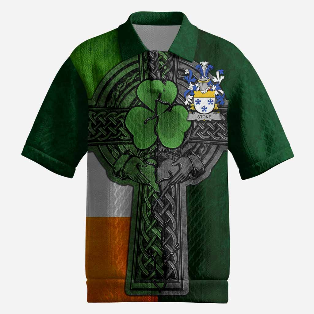 Stone Irish Coat of Arms Men's Knit Polo Shirt with Shamrock Celtic Cross