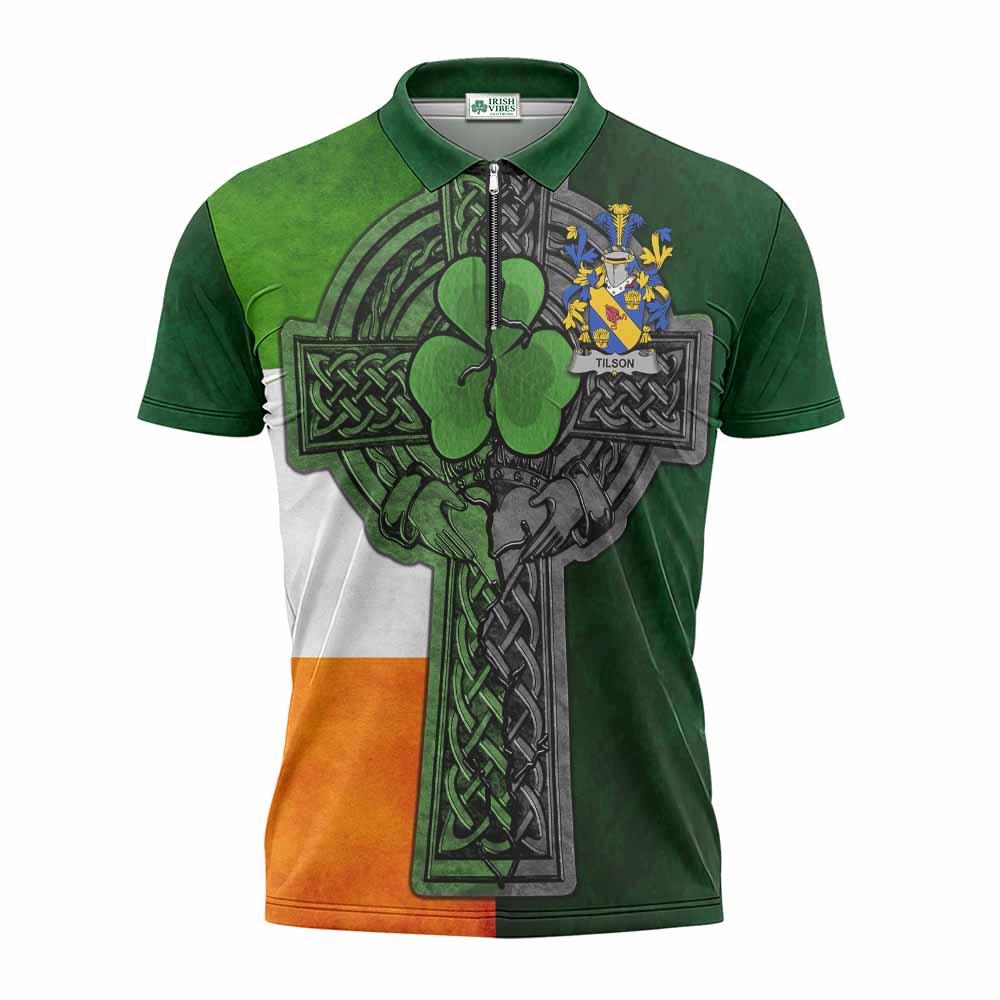 Tilson Irish Coat of Arms Zipper Polo Shirt with Shamrock Celtic Cross