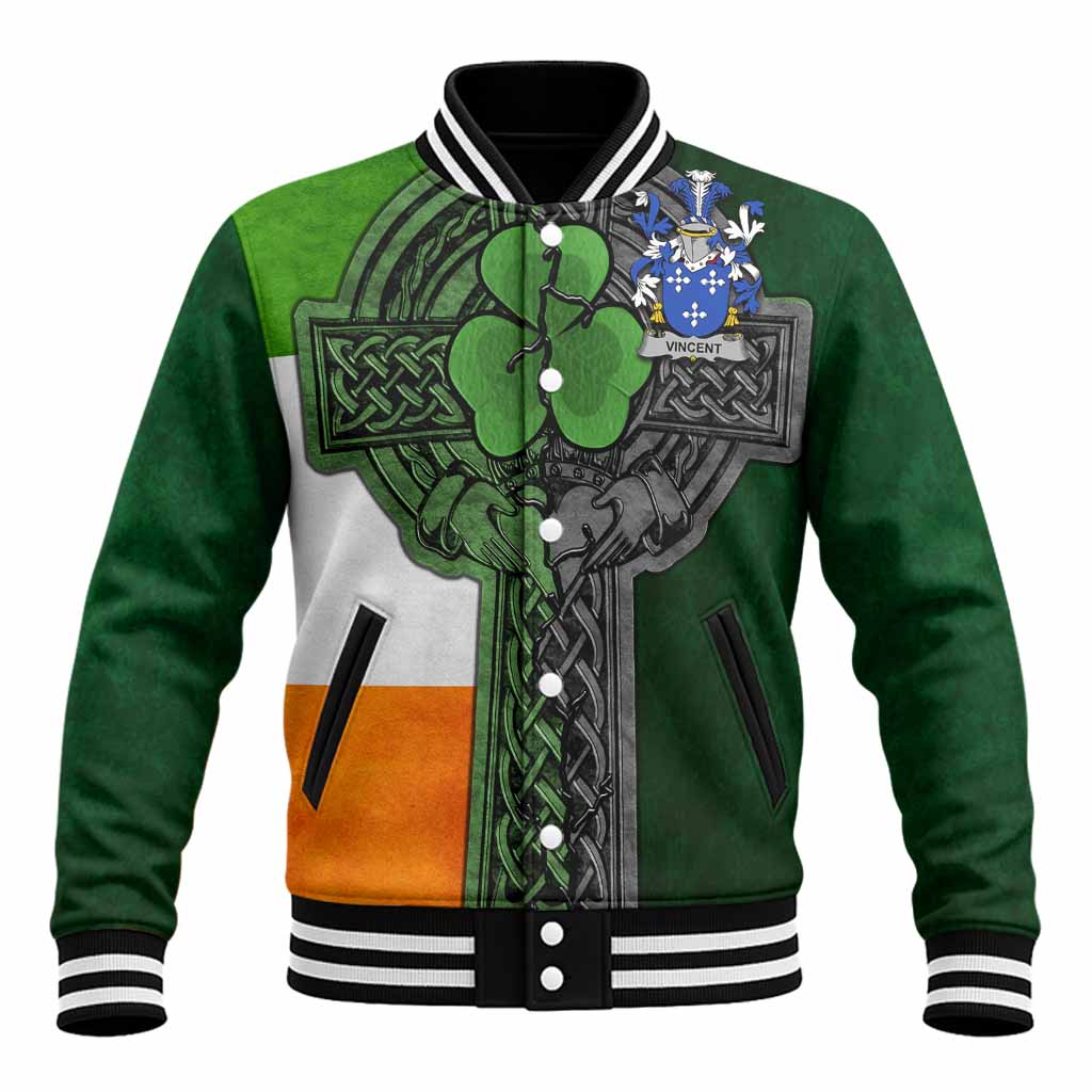 Vincent Irish Coat of Arms Baseball Jacket with Shamrock Celtic Cross