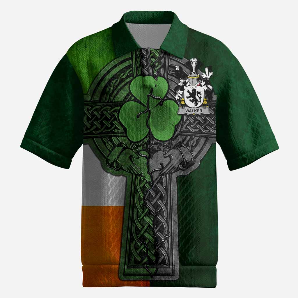 Walker Irish Coat of Arms Men's Knit Polo Shirt with Shamrock Celtic Cross