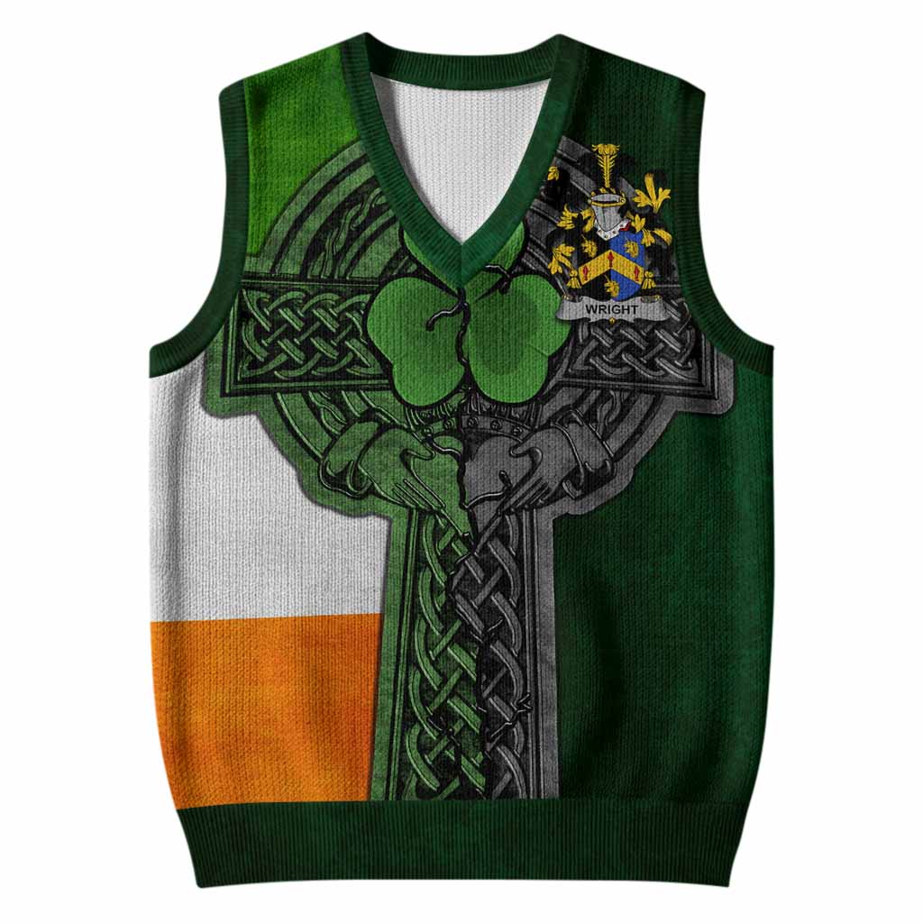 Wright Irish Coat of Arms Sleeveless V-Neck Sweater with Shamrock Celtic Cross